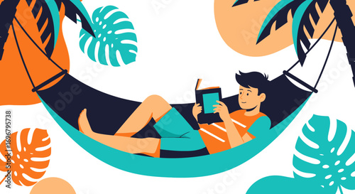 Relaxing Summer Reading: A Young Person Enjoying a Book in a Hammock Under Tropical Foliage