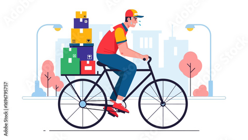 Swift Courier: A delivery cyclist navigates a city scene, diligently transporting a stack of colorful packages on their bicycle, symbolizing efficiency and service.