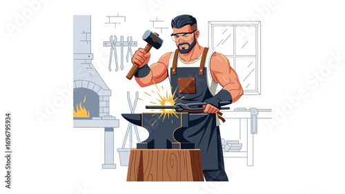 Blacksmith at Work: A burly blacksmith, clad in traditional workwear, skillfully hammers a metal bar on an anvil, with sparks flying in a vibrant display of craftsmanship and dedication.