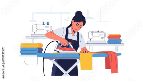 Ironing Clothes: A dedicated person meticulously irons vibrant clothes, with sewing machines suggesting a tailoring environment.