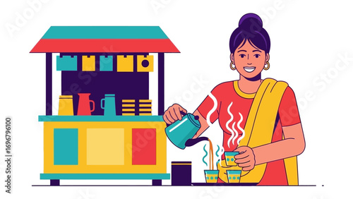 Tea Stall Harmony: A graceful woman pouring hot tea from a kettle into the cup, the colorful tea stall forms a backdrop of cultural simplicity.