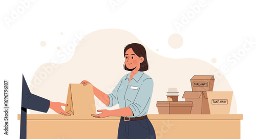 Restaurant Employee Handing Takeaway Bag To Customer In An Illustrated Delivery Scene