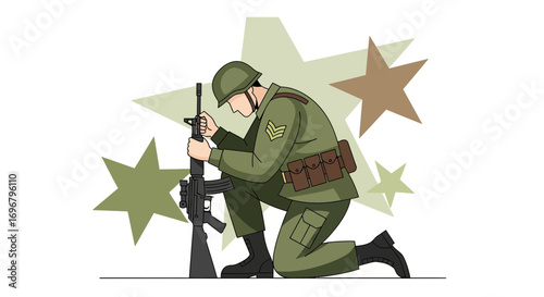 Soldier Gazing At Weapon Representing Sacrifice And Service With Military Background