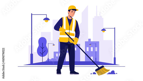 Community Care: Dedicated city worker diligently sweeps the streets, ensuring a clean and vibrant urban landscape.