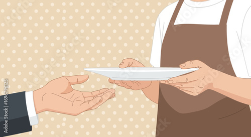 Restaurant Server Offering Meal To Customer On A White Plate With Beige Polka Dot Background