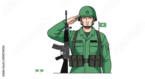 Soldier Giving A Brave Salute With Rifle And Green Flag Background At Daybreak