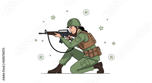 Soldier In Action: Female Figure Aiming Rifle During Military Operations