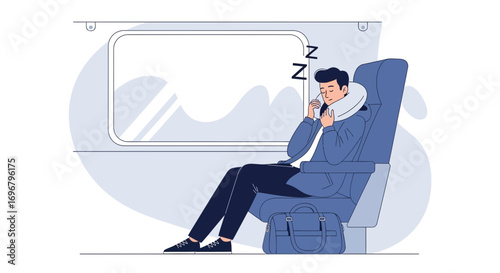 Restful Journey Illustration: A Passenger Sleeping During Train Travel for Relaxation