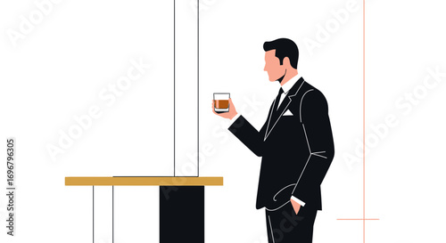 Sophisticated Gentleman Contemplating Drink While Standing Near A Modern Architectural Design