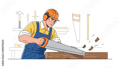 Carpenter at Work: This illustration showcases a carpenter in his workshop. The worker, seen wielding a handsaw, is meticulously focused on cutting a wooden plank.