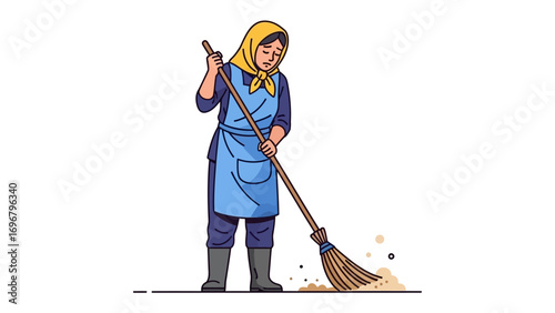 Sweeping Scene: A hardworking woman in a headscarf wields a broom, diligently clearing the ground in a colorful vector illustration. 