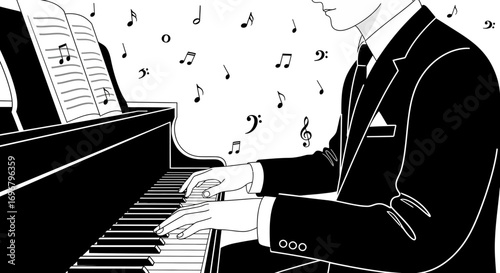 Sophisticated Pianist Plays Elegant Piano Piece With Musical Notes Floating Around Beautifully