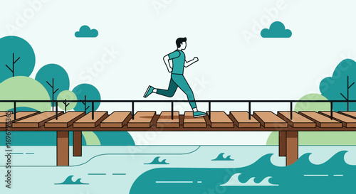 Runner Crossing The Wooden Bridge Over The Water And Nature Illustration