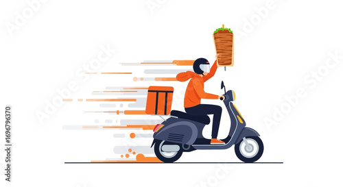 Speedy Delivery Of Shawarma on Scooter, Fast Food Courier Service Concept Illustration