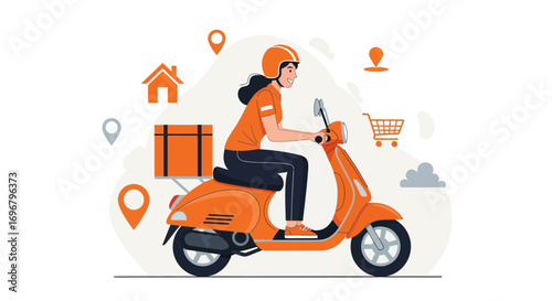 Speedy Delivery Service Concept Depicting Female Courier On Orange Scooter