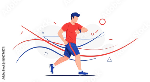 Runner Checking Wristwatch, Digital Illustration, Healthy Lifestyle Concept, Sporty Design