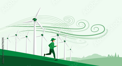 Runner Embracing Green Energy, Running In Harmony With Wind Turbines, A Sustainable Future