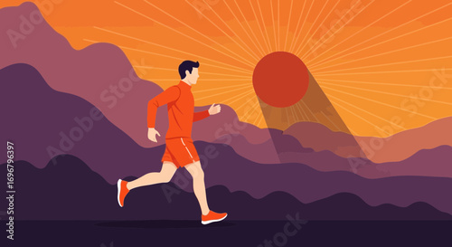 Runner Embraces Golden Light During Morning Workout Amidst Mountain Range Silhouette