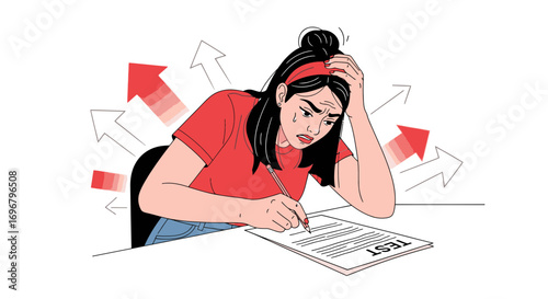 Stressed Student Undertakes Exam Under Pressure With Upward Arrow Symbols and Anxiety