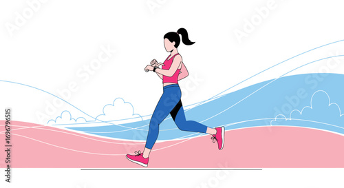 Runner Exercising With Smart Watch, Sporty Woman Training On White Background
