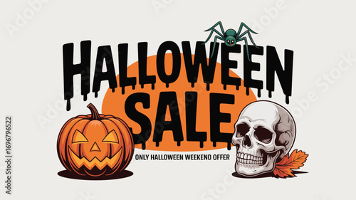 Halloween sale banner with dripping black text, jack-o'-lantern, skull, spider, and orange background—ideal for spooky retail promotions 