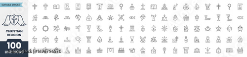 Christian Religion vector icon set. Jesus, Contains symbols like faith, pray, cross, spirituality, christianity, church, bible, priest, baptism, jesus and more. Editable stroke. Vector illustration