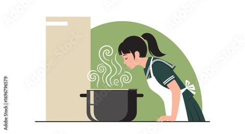 Student Chef Peering Intently at Fragrant Steam Rising From A Kitchen Pot