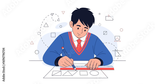 Student Diligently Drawing Geometric Shapes with Ruler and Pencil on Paper Illustration