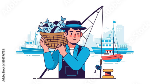Fishing Harvest: A fisherman with a basket of freshly caught fish smiles contentedly, silhouetted against the backdrop of boats and the open sea, celebrating the bounty of the water.