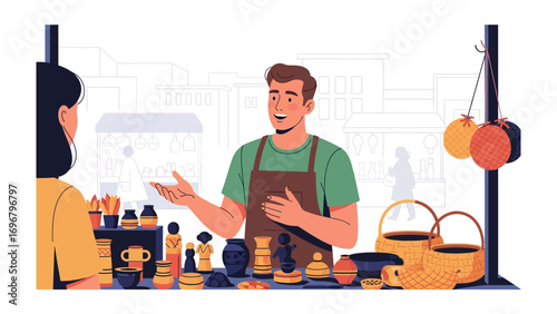 Local Market Interaction: Capturing the vibrant atmosphere of a bustling marketplace, with a vendor engaging in a friendly exchange with a customer, showcasing a colorful array of handmade crafts.