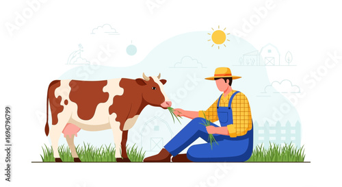 Rural Life Depicted: Farmer Sharing Grass with Dairy Cow in Sunny Environment