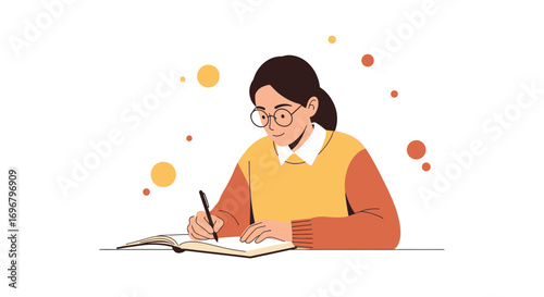 Student Focused, Concentrating on Study and Note-Taking with Glasses, Pen and Notepad