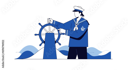 Sailor Navigating With Ship’s Wheel Illustrated In Minimalist Artistic Style On The Sea