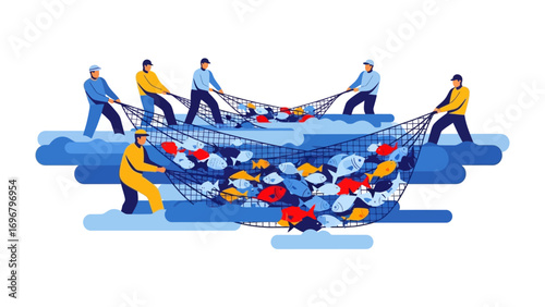 Cooperative fishing : Depicting a vibrant illustration of a dedicated team of fishermen, collaborating harmoniously to haul a net brimming with a diverse catch of fish, signifying unity and abundance.