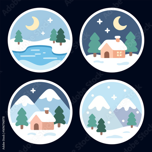 Vector set of round winter landscape stickers with mountains, houses, trees, snow, and night sky in flat style. Christmas and holiday illustration.