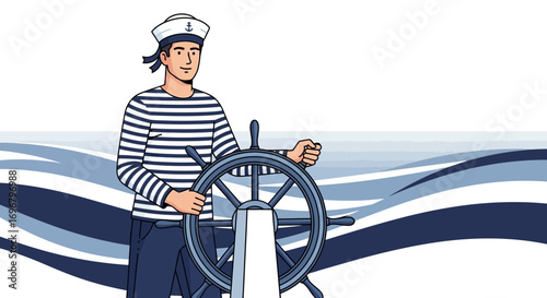 Sailor Steering Ship's Wheel On The Sea, Illustrative Nautical Concept, Vector Art