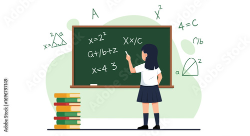 Schoolgirl Solving Mathematical Equation on a Chalkboard and Illustrative Education Concept