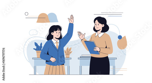 Student Raising Hand for Questioning in Classroom with Teacher and Notebook