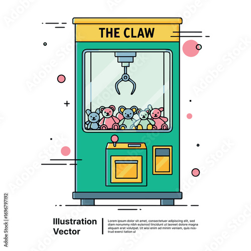 Vibrant illustration of a vintage arcade claw machine, a popular game of skill and luck with charming plush toys