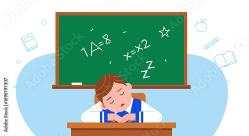 Student Sleeping in Classroom Faced With Difficult Mathematics Problems and Equations