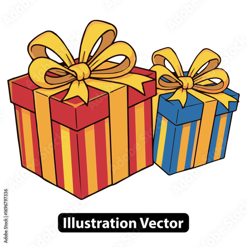Colorful cartoon illustration of two wrapped gift boxes with big yellow bows for a celebration