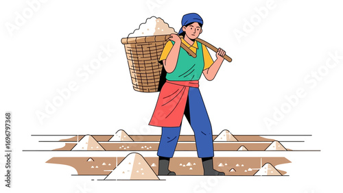 Salt Harvester: A hardworking salt harvester, with a sturdy basket laden with harvested salt and ready to be brought to the next step of processing. A scene of dedication, manual labor.