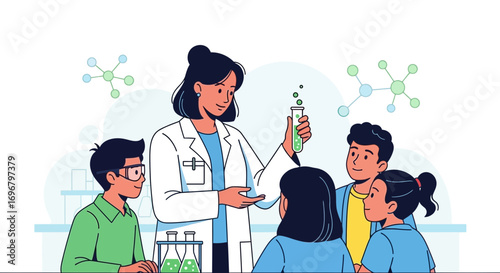 Science Educator Demonstrating Chemistry Experiments To Young Learners In A Laboratory Setting