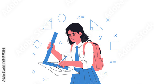 Schoolgirl Working On Geometry, Drafting With Rulers, and Exploring Geometric Shapes