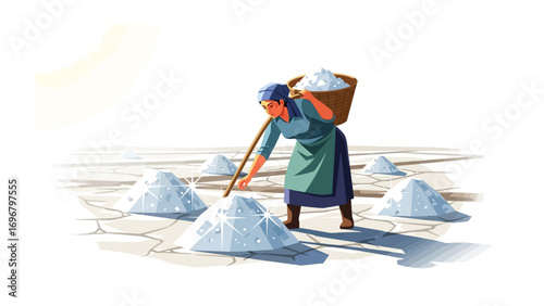 Salt Miner Gathering Mineral: In a serene, sunlit landscape, a salt miner diligently gathers salt, with a basket slung across her shoulders.