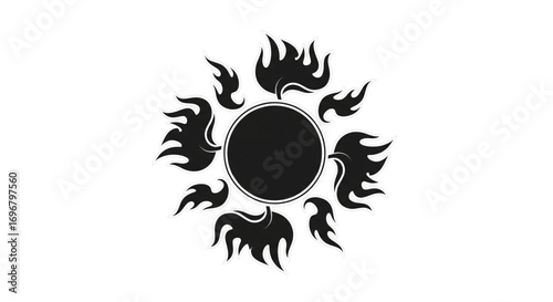 Black circle with radiating stylized black flames. Monochrome sun symbol, tribal fiery graphic art emblem design for power and energy.