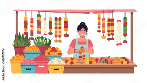 Flower Vendor: A diligent flower vendor, amidst vibrant bouquets and garlands, smiles at their craft, epitomizing the dedication and beauty of floristry.