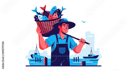 The Fisherman's Bounty: A cheerful fisherman, his wicker basket overflowing with fresh catch, strolls confidently through the harbor, promising a taste of the sea's wealth.