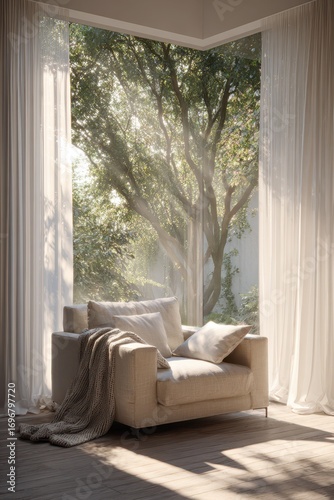 Cozy Armchair by a Window with Sunlight Streaming Through Trees.