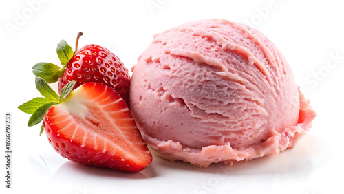 Single scoop of strawberry ice cream with visible fruit pieces cold dessert